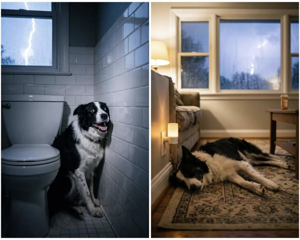 Before and after: a dog hiding behind a toilet during fireworks, then the same dog calm on the bathroom floor with a DogAtEase diffuser plugged in