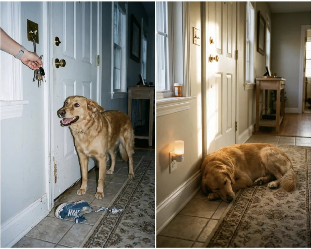 Before and after: a dog panicking at the front door as his owner reaches for the keys, then the same dog asleep in the hallway with a DogAtEase diffuser plugged in