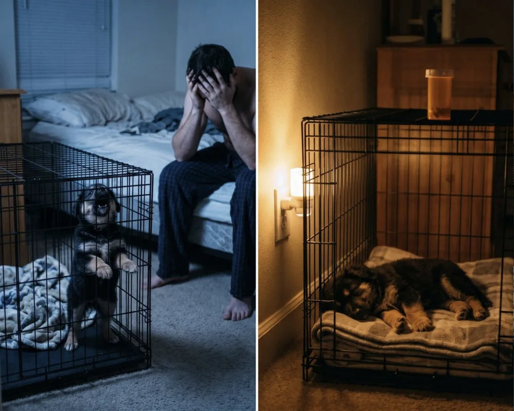 Before and after: a puppy crying in his crate at 3am with an exhausted owner, then the same puppy fast asleep with a DogAtEase diffuser glowing beside the crate
