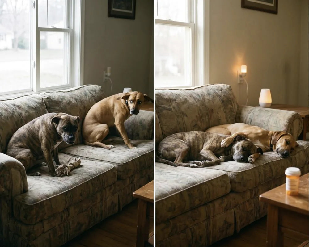 Before and after: two tense dogs at opposite ends of a sofa guarding a chew, then the same two dogs asleep against each other with a DogAtEase diffuser plugged in behind them